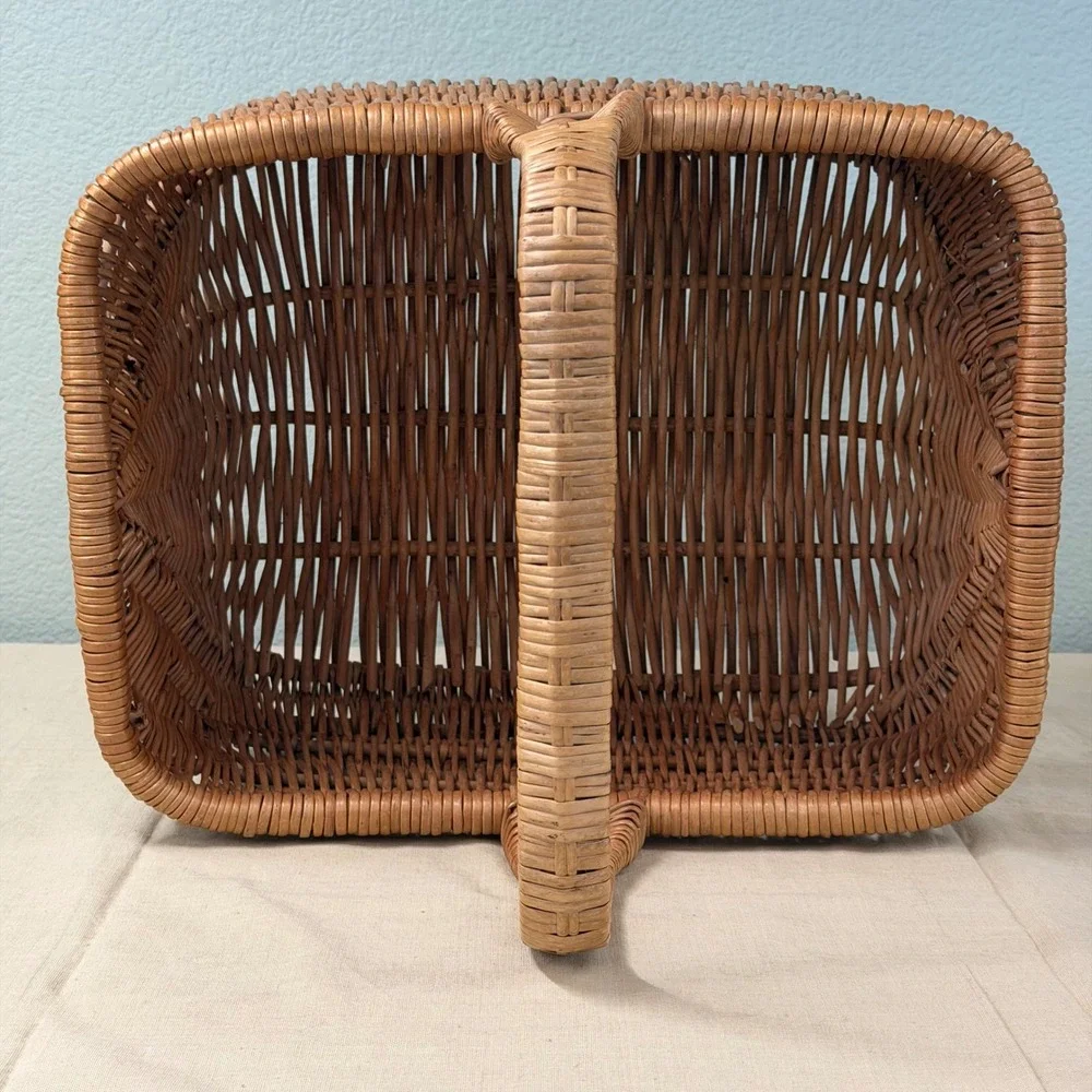 Vintage Wicker Gathering Basket Large Handled Market Harvest Basket
